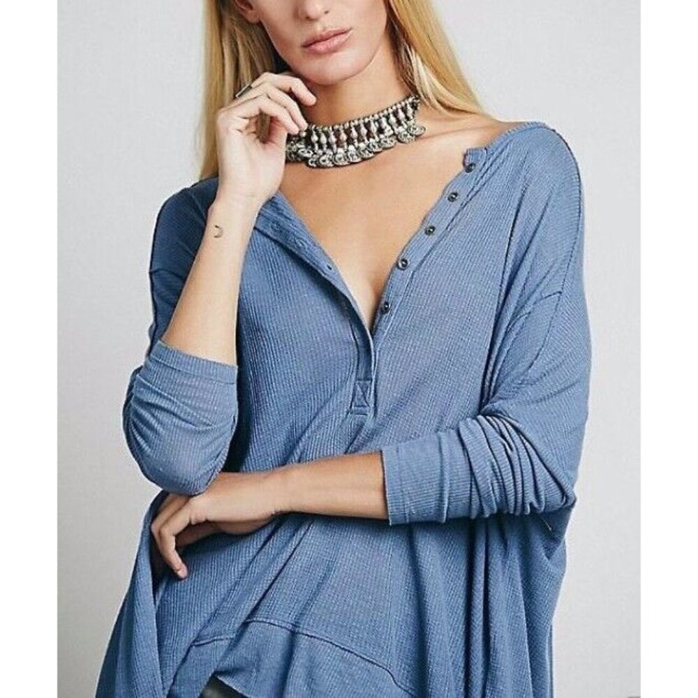 NWT Free People Blue Oversized Long Sleeve Waffle Knit Henley Top - Picture 5 of 14